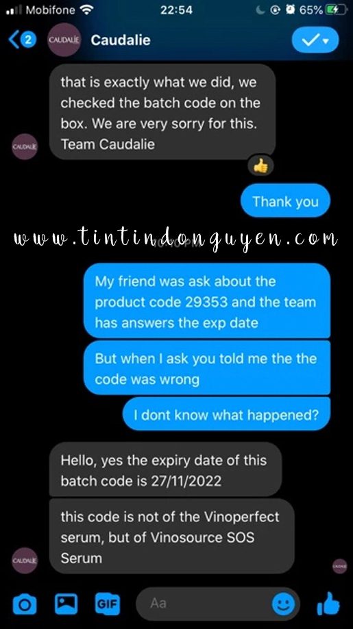 Message của mình khi check batch code với Caudalie nè